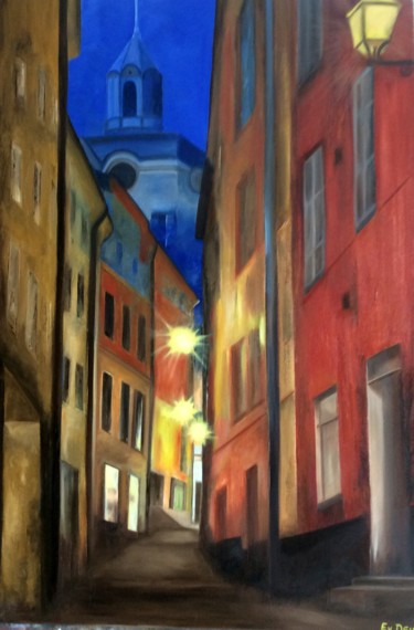 Painting titled "une rue, la nuit" by Evelyne Deuil, Original Artwork, Oil