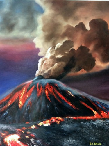 Painting titled "le volcan" by Evelyne Deuil, Original Artwork