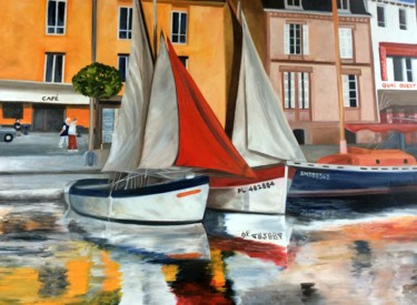 Painting titled "petit port" by Evelyne Deuil, Original Artwork, Oil