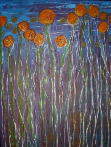 Painting titled "fleurs oranges" by Evelyne Graux, Original Artwork, Acrylic
