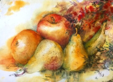 Painting titled "Cinq Fruits" by Evelyne Krol, Original Artwork, Watercolor