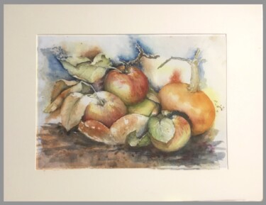 Schilderij getiteld "4 Pommes et Un" door Evelyne Krol, Origineel Kunstwerk, Aquarel