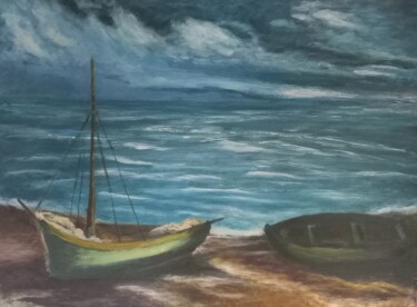 Pintura titulada "Barques à marée bas…" por Evelyne Muller, Obra de arte original, Acrílico Montado en Bastidor de camilla d…