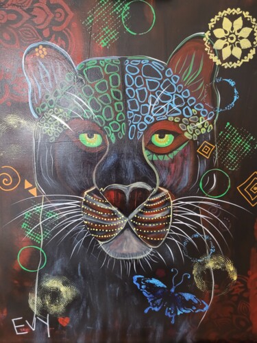 Schilderij getiteld "Bagheera" door Evelyne Papineau, Origineel Kunstwerk, Acryl Gemonteerd op Frame voor houten brancard