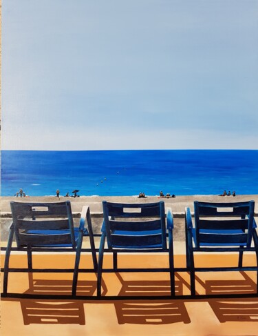 Painting titled "Les chaises bleues…" by Evelyne Sie, Original Artwork, Acrylic Mounted on Wood Stretcher frame