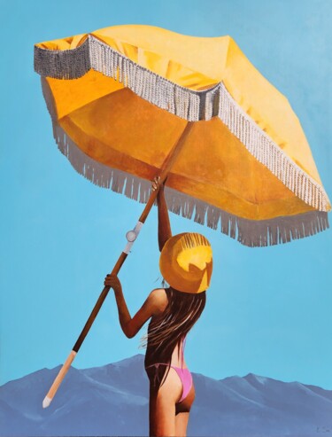 Painting titled "Le parasol jaune" by Evelyne Sie, Original Artwork, Acrylic Mounted on Wood Stretcher frame