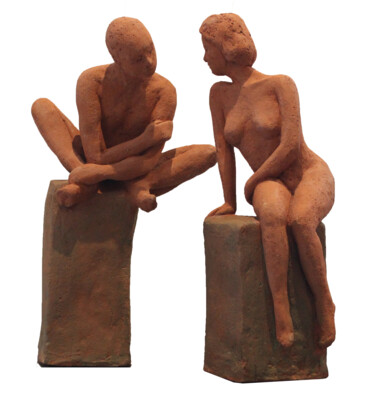Sculpture intitulée "Couple terre rouge" par Evelyne Toussaint, Œuvre d'art originale, Terre cuite