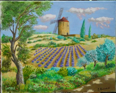 Peinture intitulée "Moulin, témoin du l…" par Evelyne Armand, Œuvre d'art originale, Huile