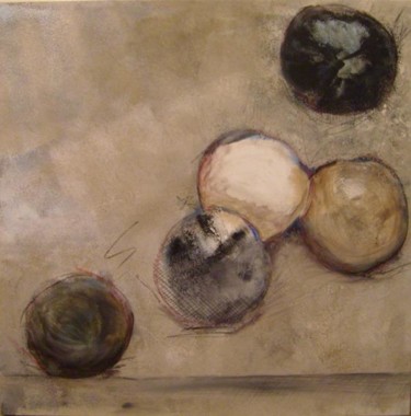 Painting titled "5 boules déformées…" by Evelyne Dominault, Original Artwork, Oil