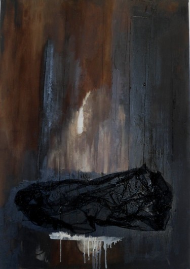 Peinture intitulée "bitume et tulle I" par Evelyne Dominault, Œuvre d'art originale, Huile