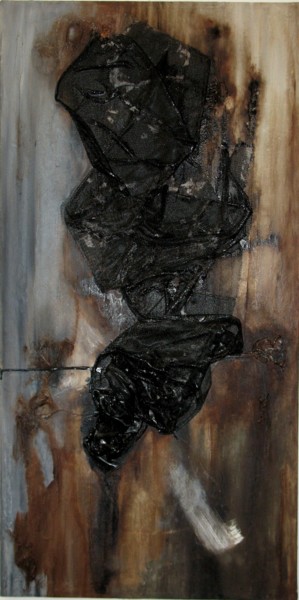 Ζωγραφική με τίτλο "BITUME TULLE 3" από Evelyne Dominault, Αυθεντικά έργα τέχνης, Λάδι