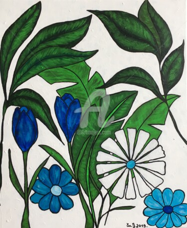 Peinture intitulée "blue flowers2" par Eve.J, Œuvre d'art originale, Acrylique