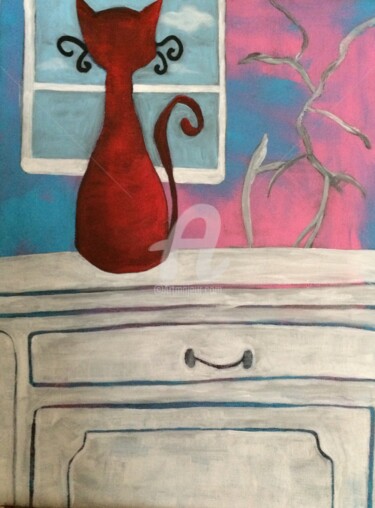 Painting titled "Red cat" by Eve.J, Original Artwork, Acrylic