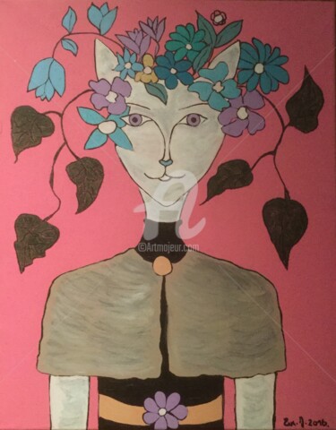 Painting titled "Flower Cat" by Eve.J, Original Artwork, Acrylic
