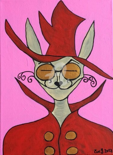 Painting titled "Red Cat" by Eve.J, Original Artwork, Acrylic