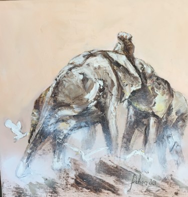 Painting titled "Combat d’éléphants" by Evelyne Pichon, Original Artwork, Oil