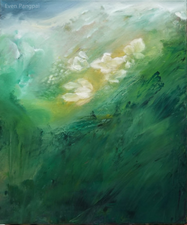 Painting titled "Green mountains by…" by Even Pangpai, Original Artwork, Oil