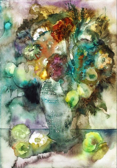 Painting titled "Flowers" by Evey Zhong, Original Artwork, Watercolor