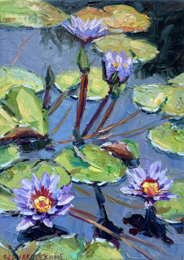 Painting titled "Water lily" by Evgenii, Original Artwork, Oil Mounted on Wood Stretcher frame