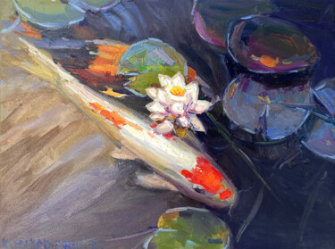 Painting titled "Koi" by Evgenii, Original Artwork, Oil Mounted on Wood Stretcher frame