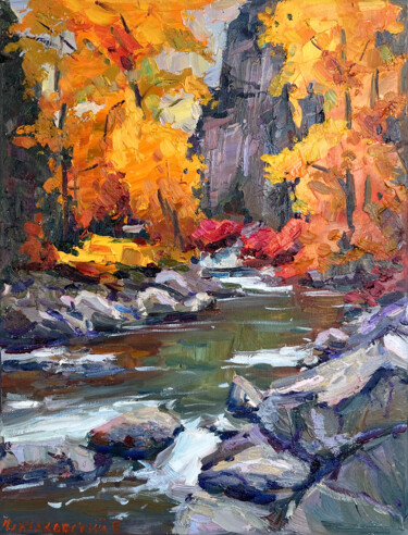Painting titled "River Autumn" by Evgenii, Original Artwork, Oil Mounted on Wood Stretcher frame