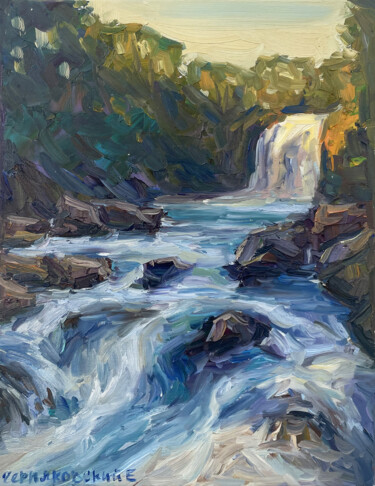 Painting titled "Waterfall" by Evgenii, Original Artwork, Oil Mounted on Wood Stretcher frame