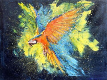 Painting titled "parrots" by Evgenii, Original Artwork, Oil Mounted on Wood Stretcher frame