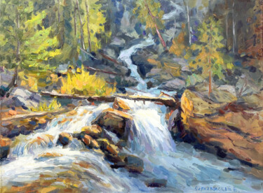 Painting titled "river forest" by Evgenii, Original Artwork, Oil Mounted on Wood Stretcher frame