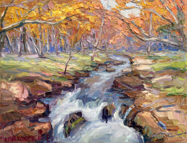 Painting titled "River in autumn" by Evgenii, Original Artwork, Oil Mounted on Wood Stretcher frame