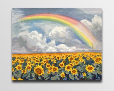 Painting titled "Sunflowers" by Evgenii, Original Artwork, Oil Mounted on Wood Stretcher frame