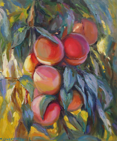 Painting titled "Peaches" by Evgenii, Original Artwork, Oil Mounted on Wood Stretcher frame