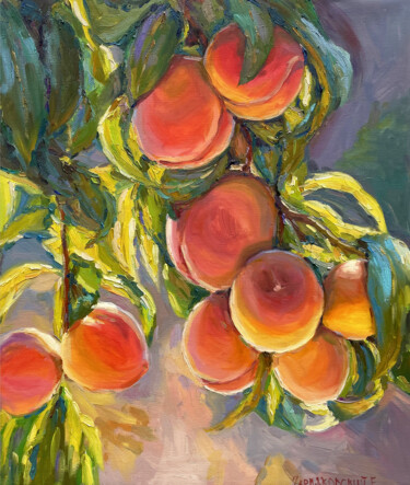 Painting titled "Peaches fruit" by Evgenii, Original Artwork, Oil Mounted on Wood Stretcher frame