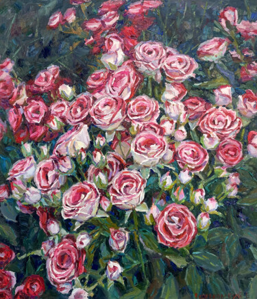 Painting titled "Bouquet of roses" by Evgenii, Original Artwork, Oil Mounted on Wood Stretcher frame