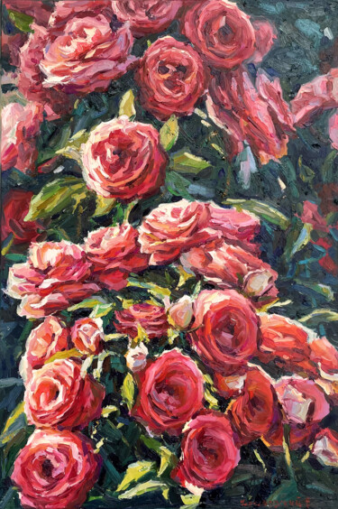 Painting titled "Red roses" by Evgenii, Original Artwork, Oil Mounted on Wood Stretcher frame