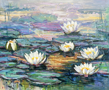 Painting titled "White lilies" by Evgeny Chernyakovsky, Original Artwork, Oil Mounted on Wood Stretcher frame