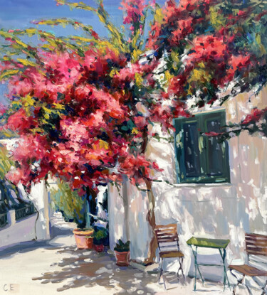 Painting titled "Blooming yard of Gr…" by Evgenii, Original Artwork, Oil Mounted on Wood Stretcher frame