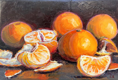 Painting titled "Tangerines still li…" by Evgenii, Original Artwork, Oil Mounted on Wood Stretcher frame