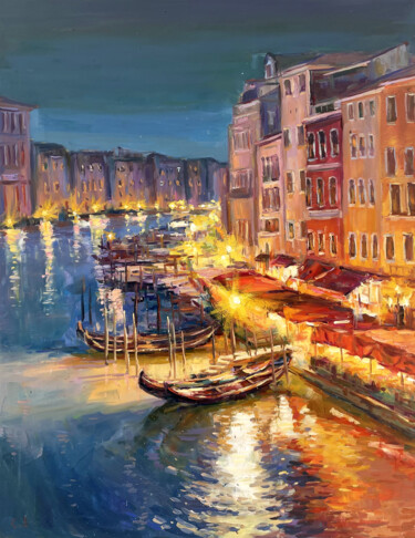 Painting titled "Venice at night" by Evgenii, Original Artwork, Oil Mounted on Wood Stretcher frame