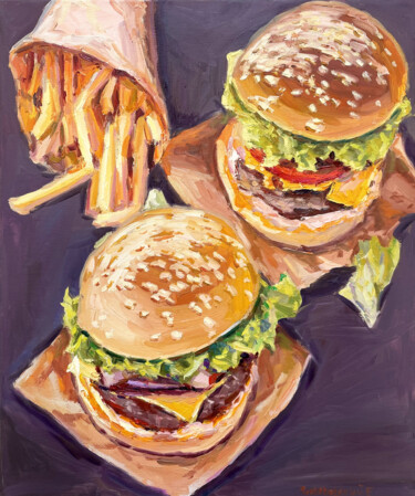 Painting titled "Burgers" by Evgenii, Original Artwork, Oil Mounted on Wood Stretcher frame