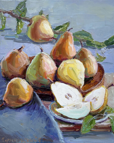 Painting titled "Pear Still life" by Evgenii, Original Artwork, Oil Mounted on Wood Stretcher frame