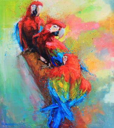 Schilderij getiteld "Red parrots" door Evgenii, Origineel Kunstwerk, Olie Gemonteerd op Frame voor houten brancard