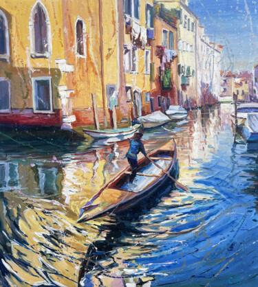 Painting titled "Courtyard in Venice" by Evgenii, Original Artwork, Oil Mounted on Wood Stretcher frame