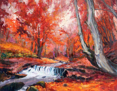 Painting titled "river in autumn for…" by Evgeny Chernyakovsky, Original Artwork, Oil Mounted on Wood Stretcher frame