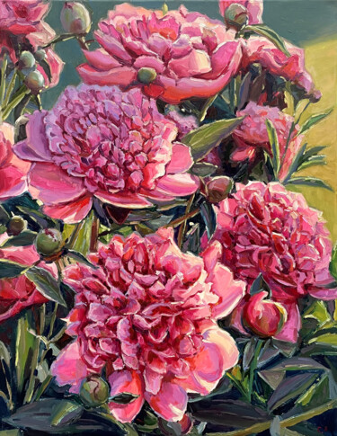 Painting titled "Red peonies" by Evgenii, Original Artwork, Oil Mounted on Wood Stretcher frame