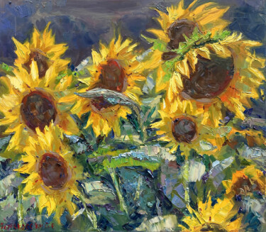 Painting titled "Sunflowers field" by Evgenii, Original Artwork, Oil Mounted on Wood Stretcher frame