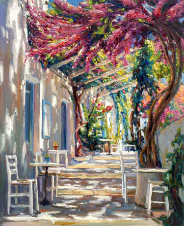 Painting titled "Courtyard in Greece" by Evgenii, Original Artwork, Oil Mounted on Wood Stretcher frame