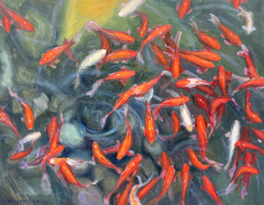 Painting titled "Koi fish" by Evgenii, Original Artwork, Oil Mounted on Wood Stretcher frame