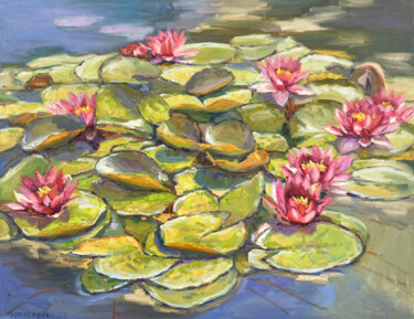 Painting titled "Water lilies floral" by Evgenii, Original Artwork, Oil Mounted on Wood Stretcher frame