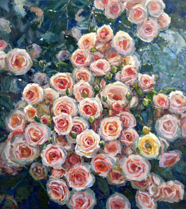 Painting titled "White roses" by Evgenii, Original Artwork, Oil Mounted on Wood Stretcher frame