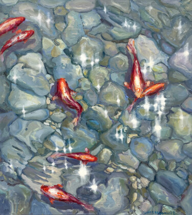 Painting titled "red koi" by Evgenii, Original Artwork, Oil Mounted on Wood Stretcher frame